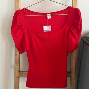 Red Fitted Puff Sleeve Blouse